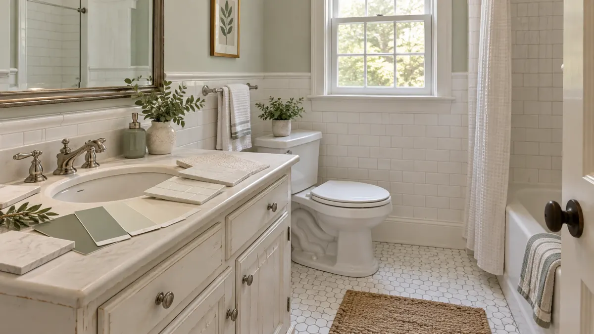 Compact bathroom with vanity, paint, and tile selections for a refresh