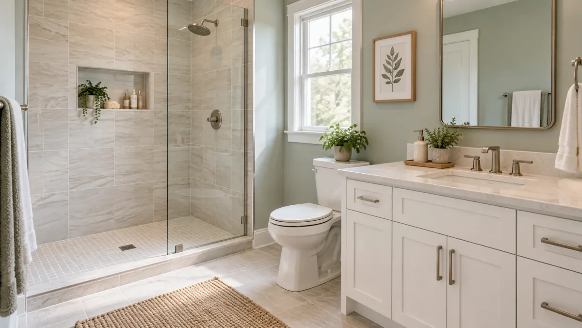 Updated compact bathroom with a tiled walk-in shower and vanity
