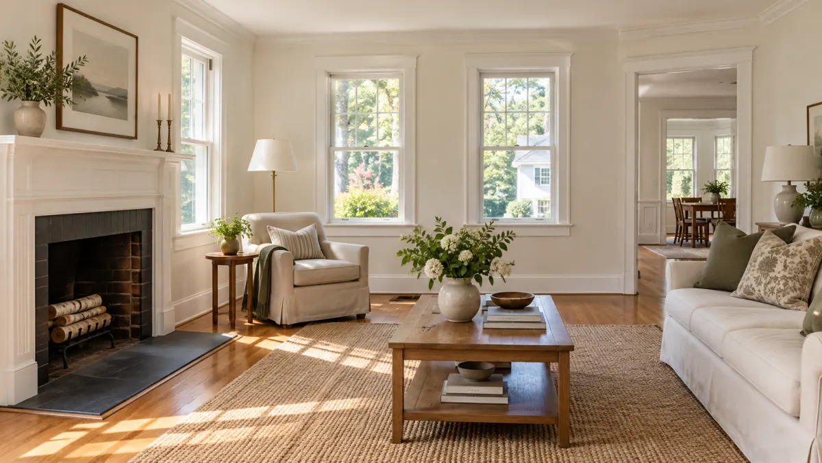Finished living room with light painted walls and clean white trim