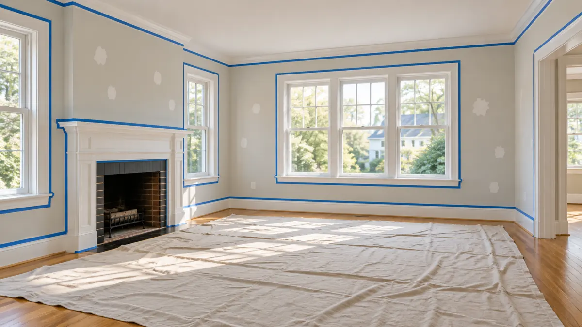 Living room protected with a drop cloth and taped trim before interior painting